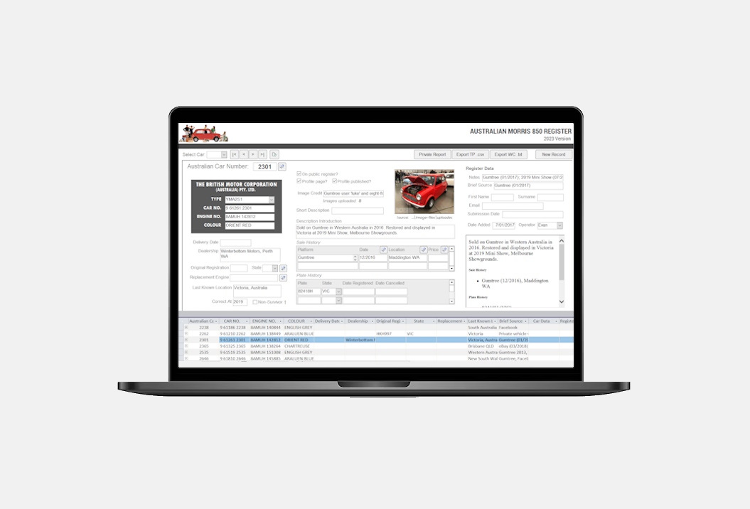 A dedicated digital database forms the basis of the Australian Morris 850 Register.